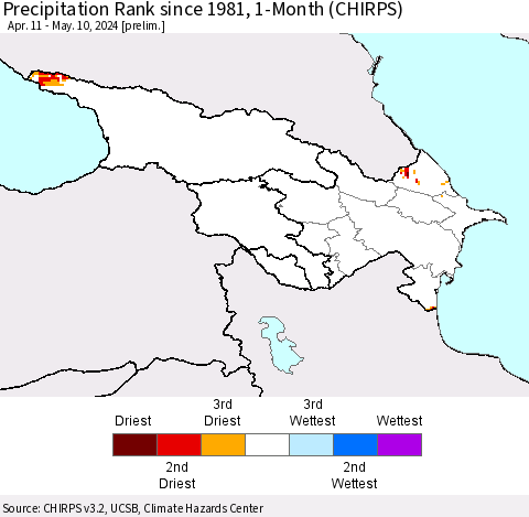 Azerbaijan, Armenia and Georgia Precipitation Rank since 1981, 1-Month (CHIRPS) Thematic Map For 4/11/2024 - 5/10/2024