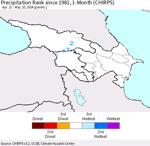 Azerbaijan, Armenia and Georgia Precipitation Rank since 1981, 1-Month (CHIRPS) Thematic Map For 4/21/2024 - 5/20/2024