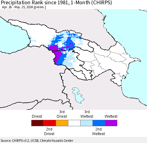 Azerbaijan, Armenia and Georgia Precipitation Rank since 1981, 1-Month (CHIRPS) Thematic Map For 4/26/2024 - 5/25/2024