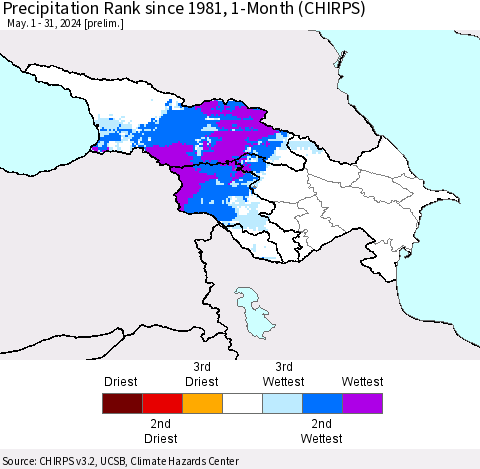 Azerbaijan, Armenia and Georgia Precipitation Rank since 1981, 1-Month (CHIRPS) Thematic Map For 5/1/2024 - 5/31/2024