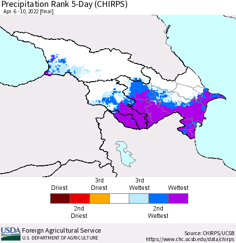 Azerbaijan, Armenia and Georgia Precipitation Rank since 1981, 5-Day (CHIRPS) Thematic Map For 4/6/2022 - 4/10/2022