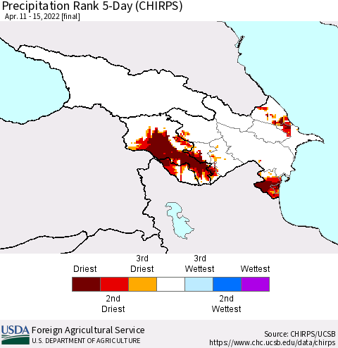 Azerbaijan, Armenia and Georgia Precipitation Rank since 1981, 5-Day (CHIRPS) Thematic Map For 4/11/2022 - 4/15/2022