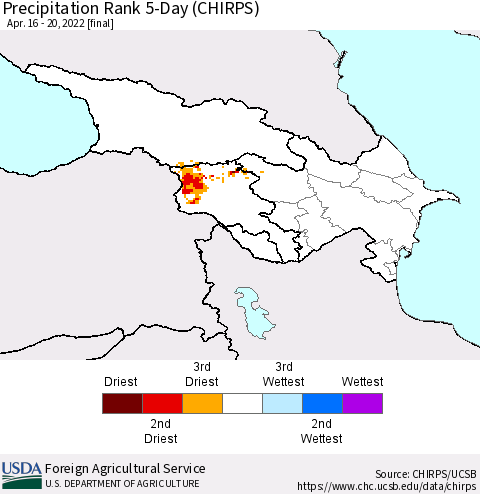 Azerbaijan, Armenia and Georgia Precipitation Rank since 1981, 5-Day (CHIRPS) Thematic Map For 4/16/2022 - 4/20/2022