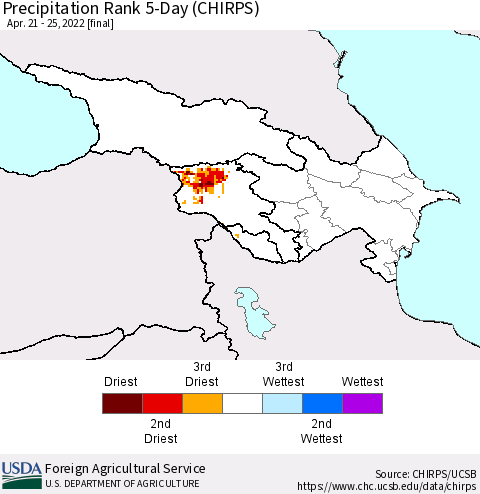Azerbaijan, Armenia and Georgia Precipitation Rank since 1981, 5-Day (CHIRPS) Thematic Map For 4/21/2022 - 4/25/2022