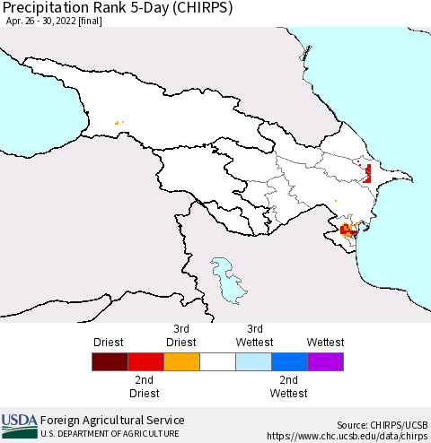 Azerbaijan, Armenia and Georgia Precipitation Rank since 1981, 5-Day (CHIRPS) Thematic Map For 4/26/2022 - 4/30/2022