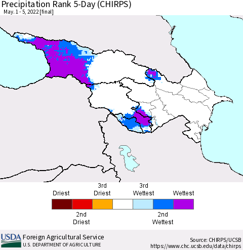 Azerbaijan, Armenia and Georgia Precipitation Rank since 1981, 5-Day (CHIRPS) Thematic Map For 5/1/2022 - 5/5/2022