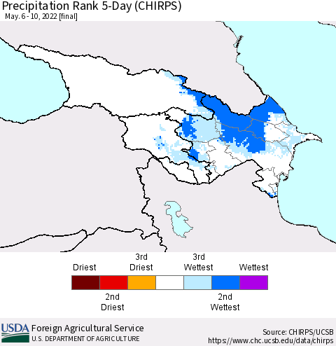 Azerbaijan, Armenia and Georgia Precipitation Rank since 1981, 5-Day (CHIRPS) Thematic Map For 5/6/2022 - 5/10/2022