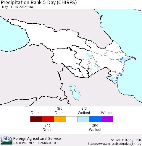Azerbaijan, Armenia and Georgia Precipitation Rank since 1981, 5-Day (CHIRPS) Thematic Map For 5/11/2022 - 5/15/2022