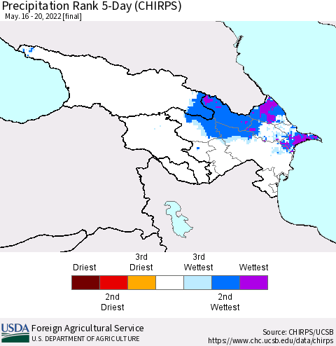 Azerbaijan, Armenia and Georgia Precipitation Rank since 1981, 5-Day (CHIRPS) Thematic Map For 5/16/2022 - 5/20/2022