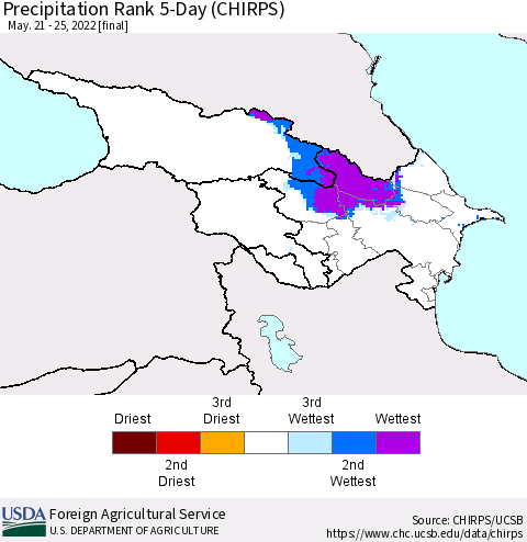 Azerbaijan, Armenia and Georgia Precipitation Rank since 1981, 5-Day (CHIRPS) Thematic Map For 5/21/2022 - 5/25/2022