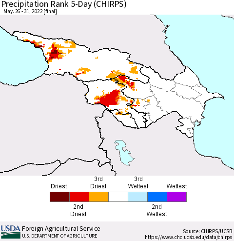 Azerbaijan, Armenia and Georgia Precipitation Rank since 1981, 5-Day (CHIRPS) Thematic Map For 5/26/2022 - 5/31/2022