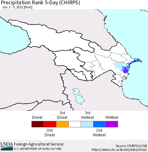 Azerbaijan, Armenia and Georgia Precipitation Rank since 1981, 5-Day (CHIRPS) Thematic Map For 6/1/2022 - 6/5/2022