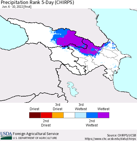 Azerbaijan, Armenia and Georgia Precipitation Rank since 1981, 5-Day (CHIRPS) Thematic Map For 6/6/2022 - 6/10/2022