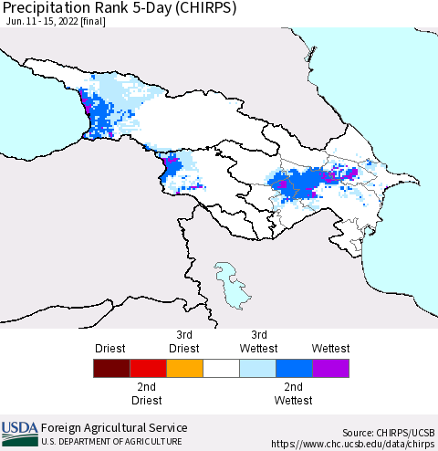 Azerbaijan, Armenia and Georgia Precipitation Rank since 1981, 5-Day (CHIRPS) Thematic Map For 6/11/2022 - 6/15/2022