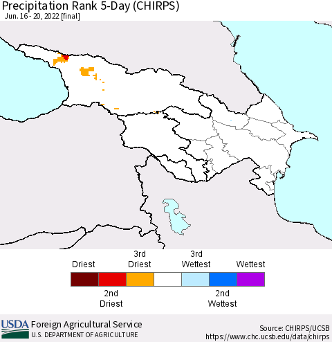 Azerbaijan, Armenia and Georgia Precipitation Rank since 1981, 5-Day (CHIRPS) Thematic Map For 6/16/2022 - 6/20/2022