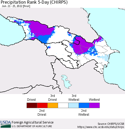 Azerbaijan, Armenia and Georgia Precipitation Rank since 1981, 5-Day (CHIRPS) Thematic Map For 6/21/2022 - 6/25/2022