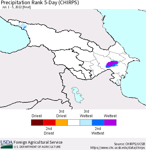 Azerbaijan, Armenia and Georgia Precipitation Rank since 1981, 5-Day (CHIRPS) Thematic Map For 7/1/2022 - 7/5/2022