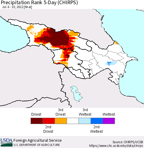 Azerbaijan, Armenia and Georgia Precipitation Rank since 1981, 5-Day (CHIRPS) Thematic Map For 7/6/2022 - 7/10/2022