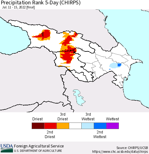 Azerbaijan, Armenia and Georgia Precipitation Rank since 1981, 5-Day (CHIRPS) Thematic Map For 7/11/2022 - 7/15/2022