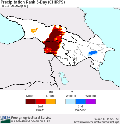 Azerbaijan, Armenia and Georgia Precipitation Rank since 1981, 5-Day (CHIRPS) Thematic Map For 7/16/2022 - 7/20/2022