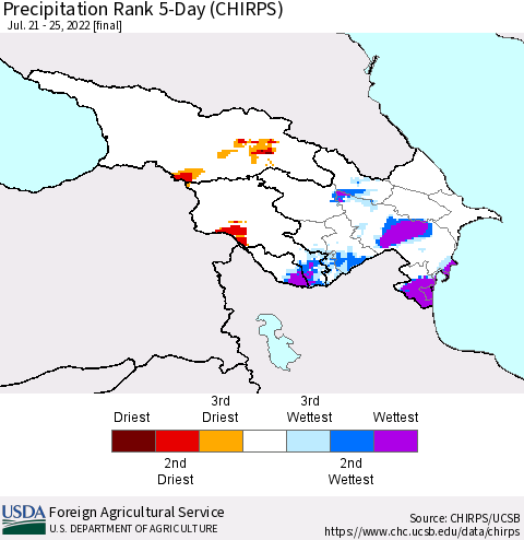 Azerbaijan, Armenia and Georgia Precipitation Rank since 1981, 5-Day (CHIRPS) Thematic Map For 7/21/2022 - 7/25/2022