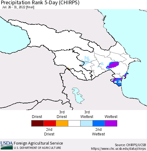 Azerbaijan, Armenia and Georgia Precipitation Rank since 1981, 5-Day (CHIRPS) Thematic Map For 7/26/2022 - 7/31/2022