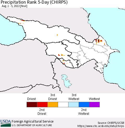 Azerbaijan, Armenia and Georgia Precipitation Rank since 1981, 5-Day (CHIRPS) Thematic Map For 8/1/2022 - 8/5/2022