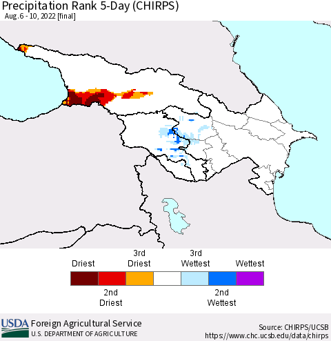 Azerbaijan, Armenia and Georgia Precipitation Rank since 1981, 5-Day (CHIRPS) Thematic Map For 8/6/2022 - 8/10/2022