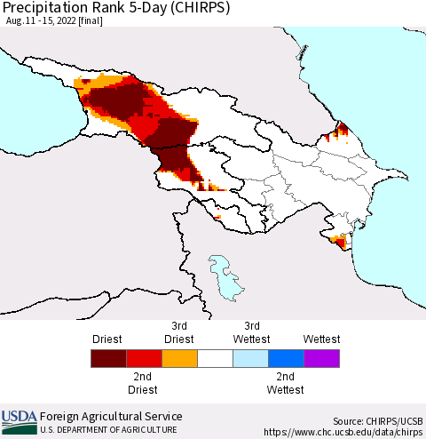 Azerbaijan, Armenia and Georgia Precipitation Rank since 1981, 5-Day (CHIRPS) Thematic Map For 8/11/2022 - 8/15/2022