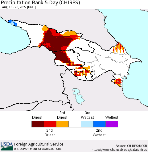 Azerbaijan, Armenia and Georgia Precipitation Rank since 1981, 5-Day (CHIRPS) Thematic Map For 8/16/2022 - 8/20/2022