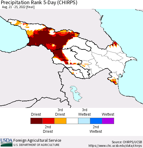 Azerbaijan, Armenia and Georgia Precipitation Rank since 1981, 5-Day (CHIRPS) Thematic Map For 8/21/2022 - 8/25/2022