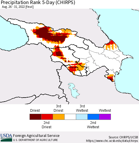 Azerbaijan, Armenia and Georgia Precipitation Rank since 1981, 5-Day (CHIRPS) Thematic Map For 8/26/2022 - 8/31/2022