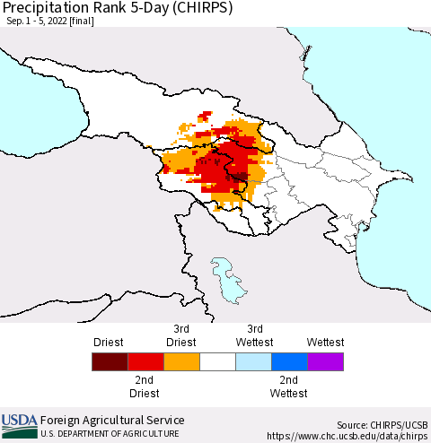 Azerbaijan, Armenia and Georgia Precipitation Rank since 1981, 5-Day (CHIRPS) Thematic Map For 9/1/2022 - 9/5/2022