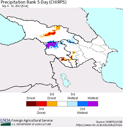 Azerbaijan, Armenia and Georgia Precipitation Rank since 1981, 5-Day (CHIRPS) Thematic Map For 9/6/2022 - 9/10/2022