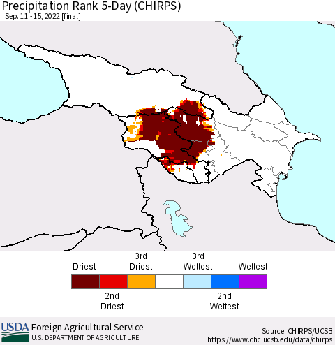 Azerbaijan, Armenia and Georgia Precipitation Rank since 1981, 5-Day (CHIRPS) Thematic Map For 9/11/2022 - 9/15/2022
