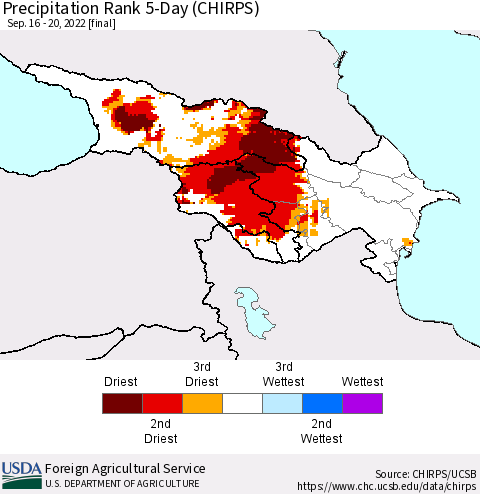 Azerbaijan, Armenia and Georgia Precipitation Rank since 1981, 5-Day (CHIRPS) Thematic Map For 9/16/2022 - 9/20/2022
