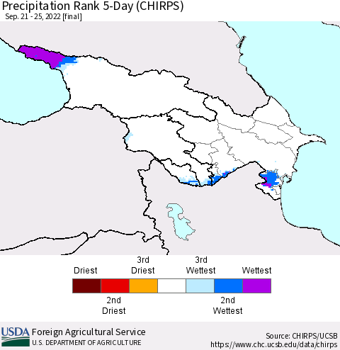Azerbaijan, Armenia and Georgia Precipitation Rank since 1981, 5-Day (CHIRPS) Thematic Map For 9/21/2022 - 9/25/2022