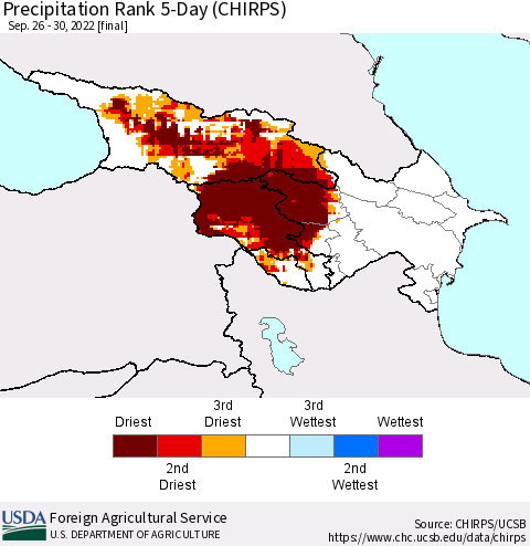 Azerbaijan, Armenia and Georgia Precipitation Rank since 1981, 5-Day (CHIRPS) Thematic Map For 9/26/2022 - 9/30/2022