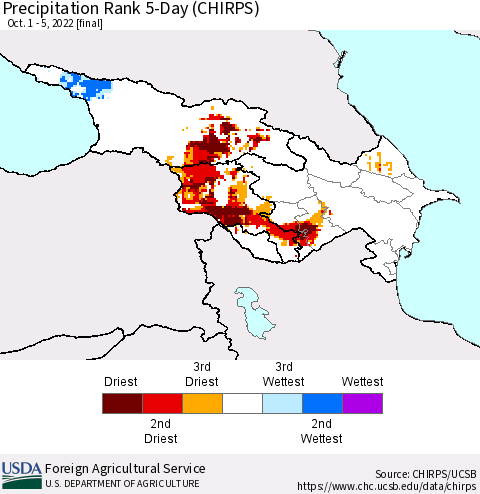 Azerbaijan, Armenia and Georgia Precipitation Rank since 1981, 5-Day (CHIRPS) Thematic Map For 10/1/2022 - 10/5/2022