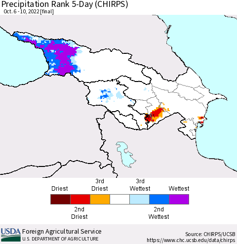 Azerbaijan, Armenia and Georgia Precipitation Rank since 1981, 5-Day (CHIRPS) Thematic Map For 10/6/2022 - 10/10/2022