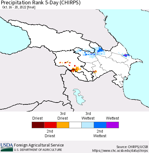 Azerbaijan, Armenia and Georgia Precipitation Rank since 1981, 5-Day (CHIRPS) Thematic Map For 10/16/2022 - 10/20/2022