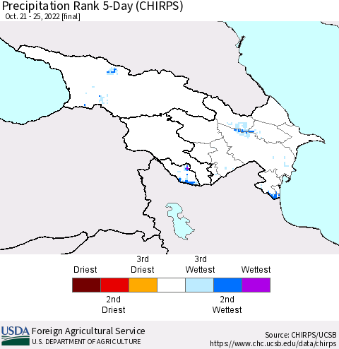 Azerbaijan, Armenia and Georgia Precipitation Rank since 1981, 5-Day (CHIRPS) Thematic Map For 10/21/2022 - 10/25/2022