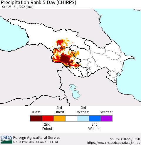 Azerbaijan, Armenia and Georgia Precipitation Rank since 1981, 5-Day (CHIRPS) Thematic Map For 10/26/2022 - 10/31/2022