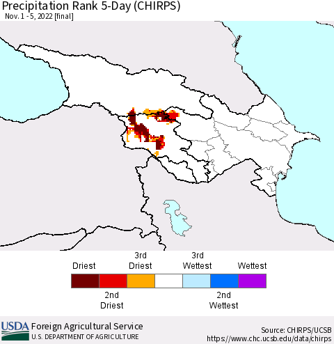 Azerbaijan, Armenia and Georgia Precipitation Rank since 1981, 5-Day (CHIRPS) Thematic Map For 11/1/2022 - 11/5/2022