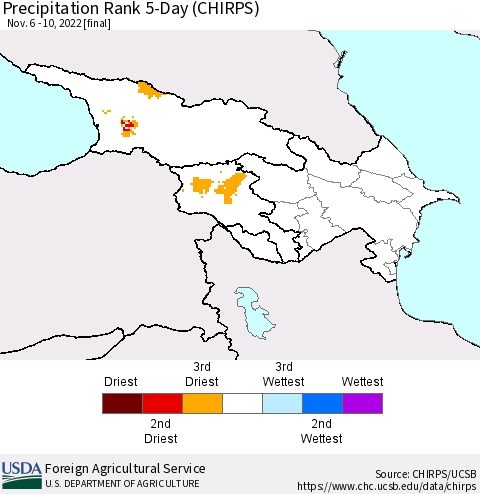 Azerbaijan, Armenia and Georgia Precipitation Rank since 1981, 5-Day (CHIRPS) Thematic Map For 11/6/2022 - 11/10/2022