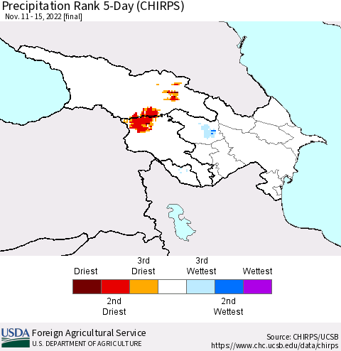 Azerbaijan, Armenia and Georgia Precipitation Rank since 1981, 5-Day (CHIRPS) Thematic Map For 11/11/2022 - 11/15/2022