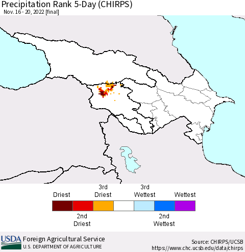 Azerbaijan, Armenia and Georgia Precipitation Rank since 1981, 5-Day (CHIRPS) Thematic Map For 11/16/2022 - 11/20/2022