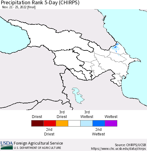 Azerbaijan, Armenia and Georgia Precipitation Rank since 1981, 5-Day (CHIRPS) Thematic Map For 11/21/2022 - 11/25/2022