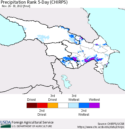 Azerbaijan, Armenia and Georgia Precipitation Rank since 1981, 5-Day (CHIRPS) Thematic Map For 11/26/2022 - 11/30/2022