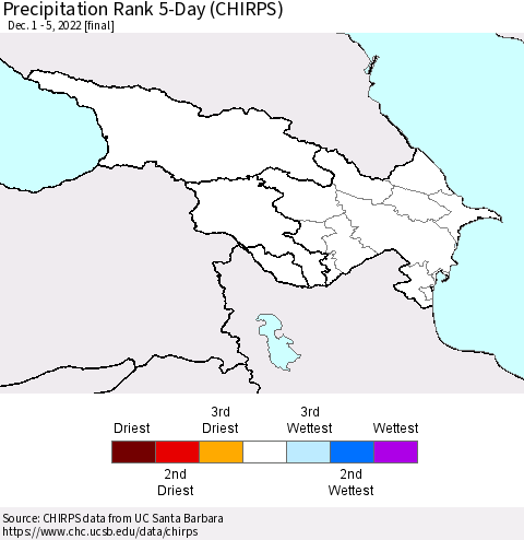 Azerbaijan, Armenia and Georgia Precipitation Rank since 1981, 5-Day (CHIRPS) Thematic Map For 12/1/2022 - 12/5/2022